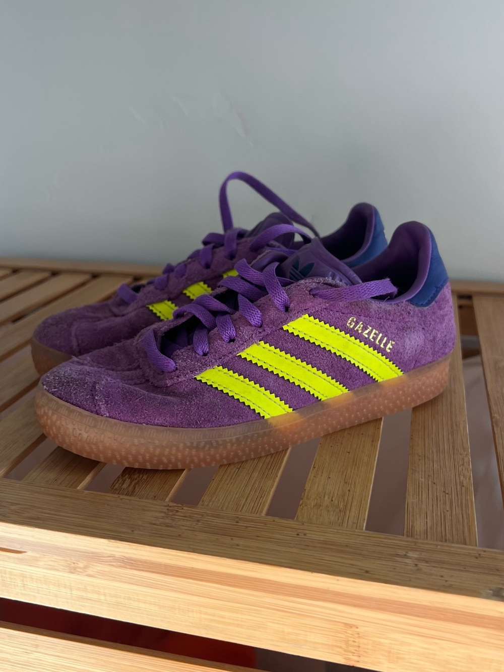 adidas Kids Gazelle Suede Sneakers in Purple with Neon Yellow Stripes, size 12k